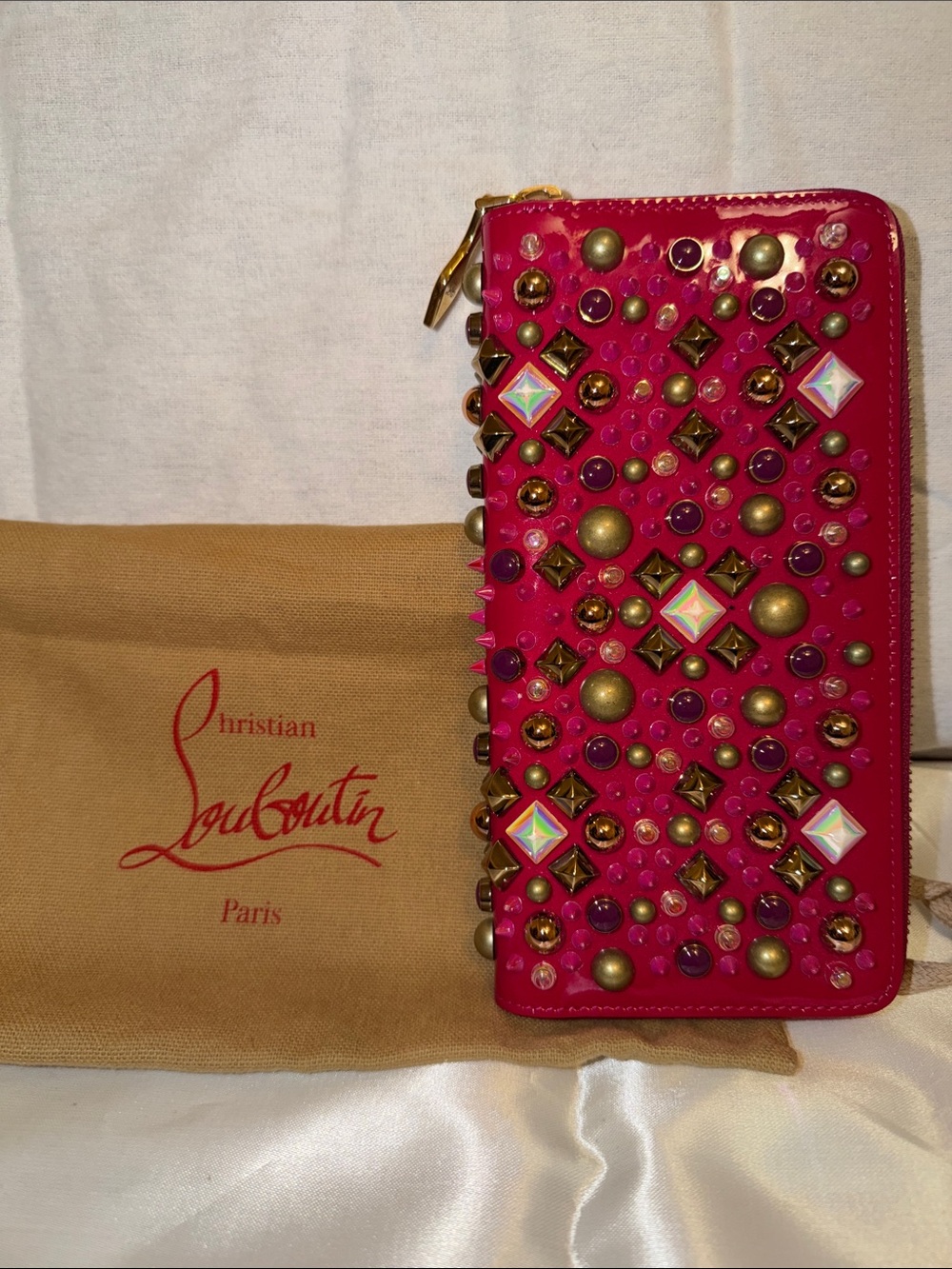 Christian Louboutin Hot Pink Jeweled Zip-Around Wallet